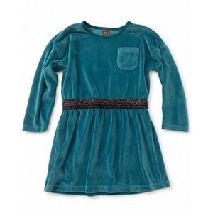 Tea Collection Girls Velour Pocket Dress Teal Blue Glitter Waist Size 4